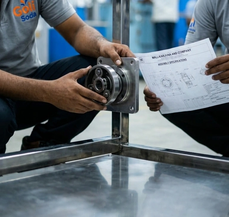 two employees holding manual and part of machinery in hands.