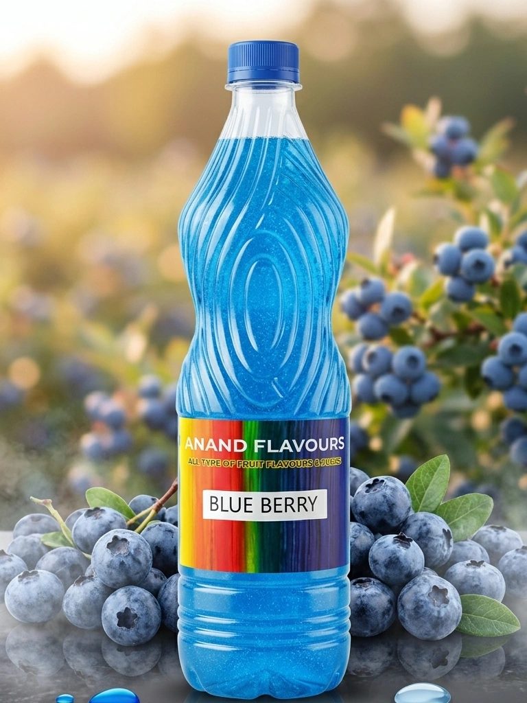 Highly polished and professionally styled product shot of an Anand Flavours Blue Berry juice bottle with vibrant blue liquid, set against a background bokeh of a sun-drenched, natural blueberry grove with fresh fruit.