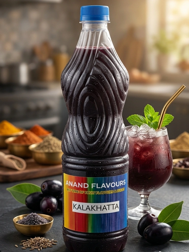 Sophisticated, premium-style product photograph of an Anand Flavours Kalakhatta bottle on a dark textured surface, accompanied by whole Jamun berries and an elegant glass with ice.