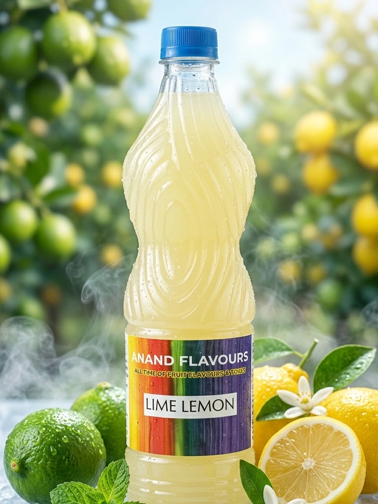 Professional and refreshed-style product shot of an Anand Flavours Lime Lemon bottle, set against a natural citrus orchard background bokeh. Fresh limes and ice are featured prominently at the base.