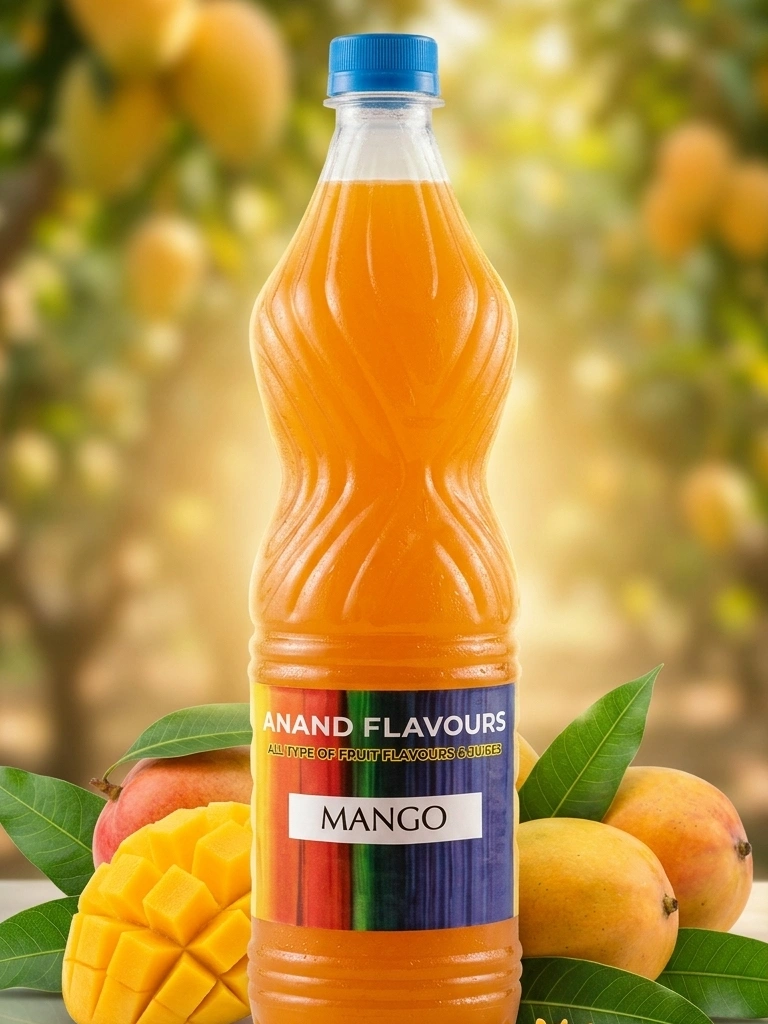 Professionally styled product shot of an Anand Flavours Mango juice bottle, set against a background bokeh of a natural, sun-drenched mango grove with fresh whole mango fruits.