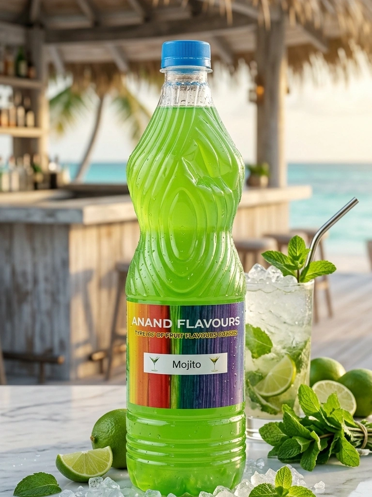 Highly polished and professionally styled photograph of an Anand Flavours Mojito bottle with clear green liquid, set against a sunlit tropical beach resort patio bokeh