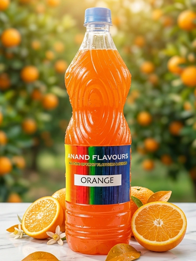 Exquisitely polished product photograph of an Anand Flavours Orange bottle with rich orange liquid, set against a backdrop bokeh of a sun-drenched natural orange grove with fresh fruit.