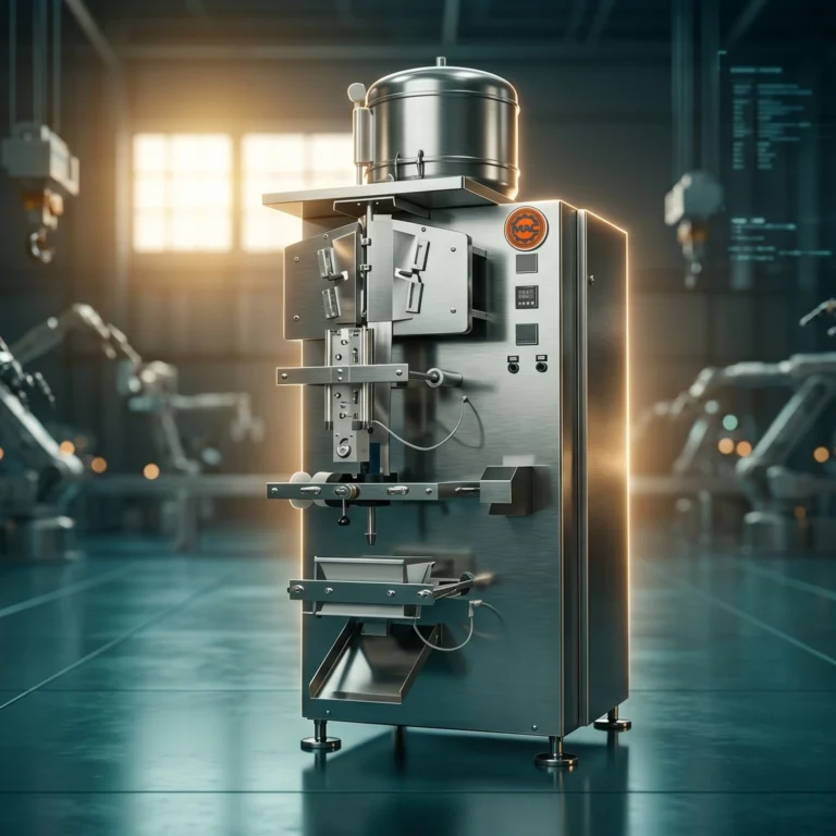 image shows Fully automatic pouch filling Machine of mallikarjuna and company, suitable for all type of liquid.