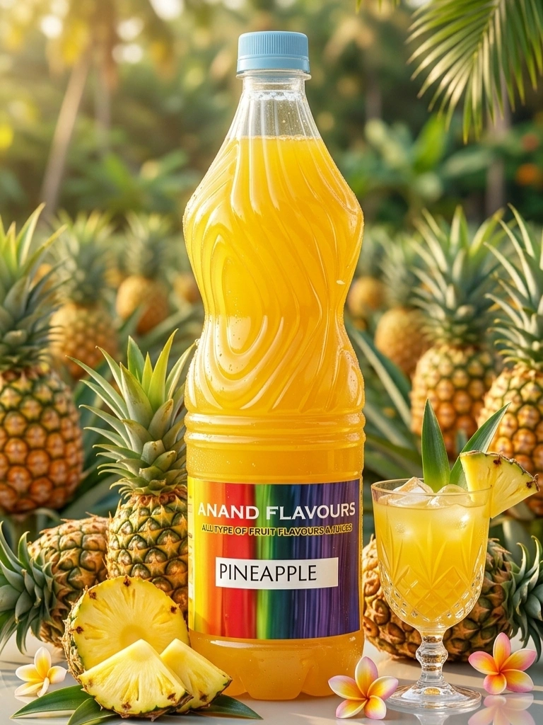 Professionally styled product shot of an Anand Flavours Pineapple flavor bottle, set against a warm, sunlit bokeh background of a natural pineapple grove with fresh fruit