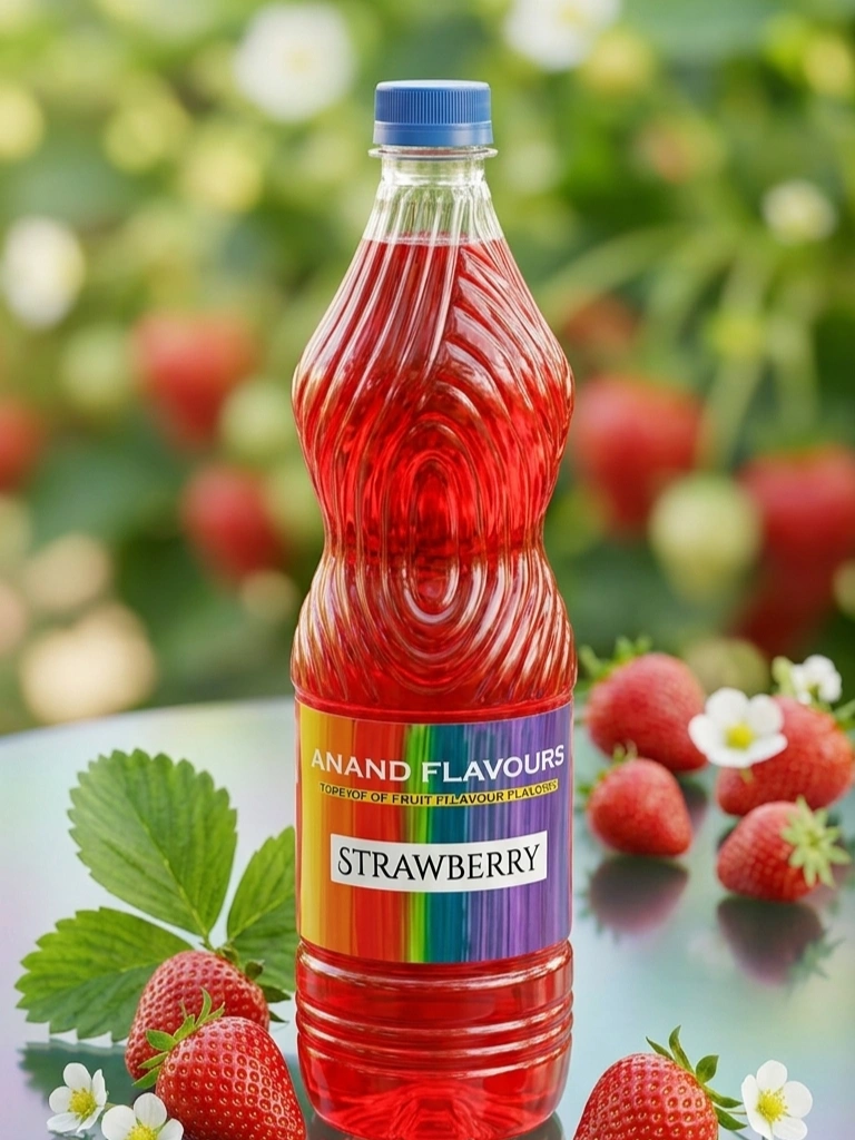image shows Clear plastic bottle of 'Anand Flavours' strawberry fruit flavor with red liquid and a rainbow label, on a dark table in an industrial space