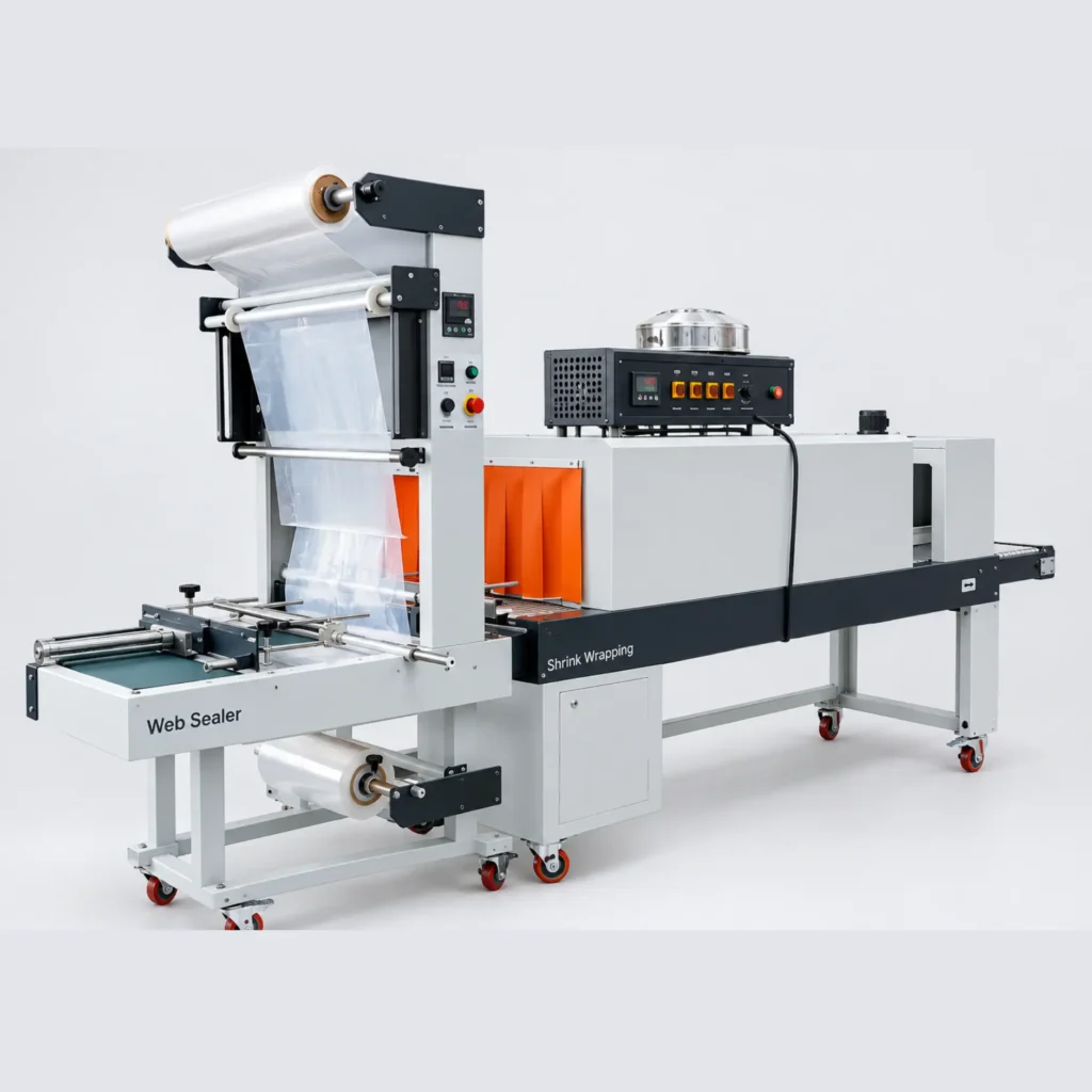 Industrial web sealer and shrink wrapping machine for beverage and product packaging manufactured by Mallikarjuna and Company