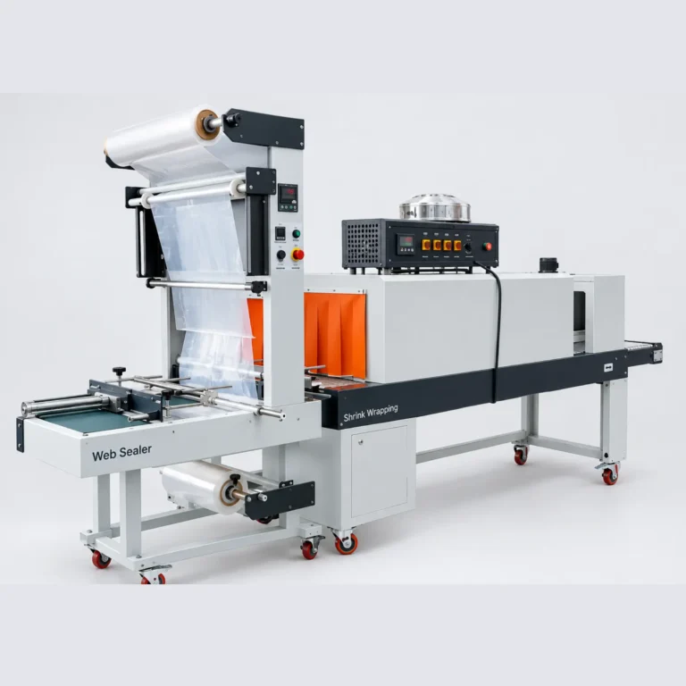 Industrial web sealer and shrink wrapping machine for beverage and product packaging manufactured by Mallikarjuna and Company